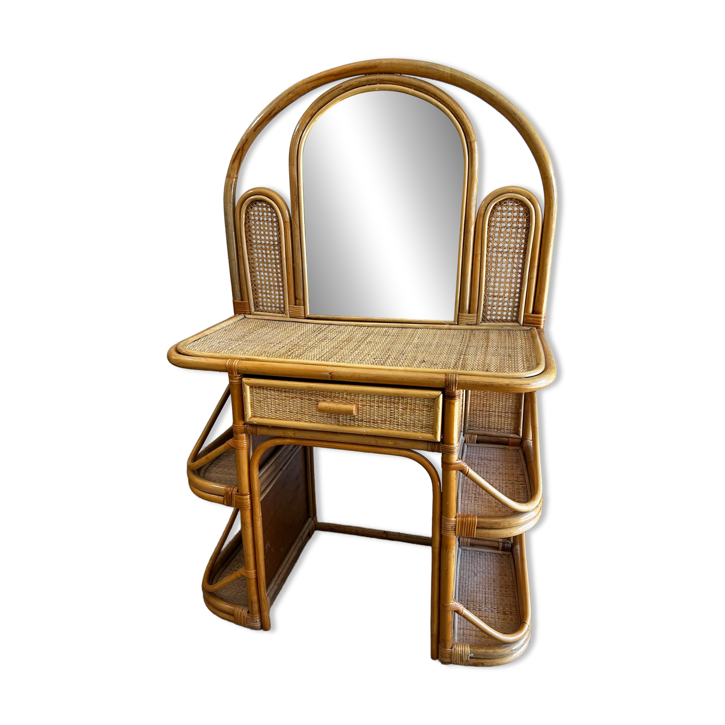 Bamboo and rattan vanity / dressing table with drawer and mirror, 1970s mid-century modern