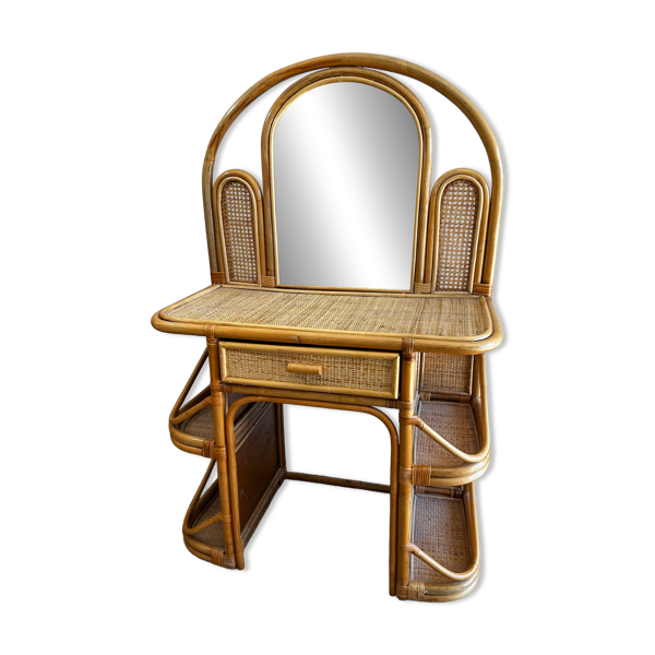 Coiffeuse en bambou et rotin avec tiroir et miroir, années 1970, style moderne du milieu du siècle.