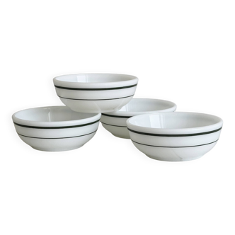 4 ramekins in white opaline, rounded shape, clean green borders
