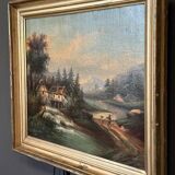 Oil on canvas landscape by a river and mountains in the distance, late 19th century