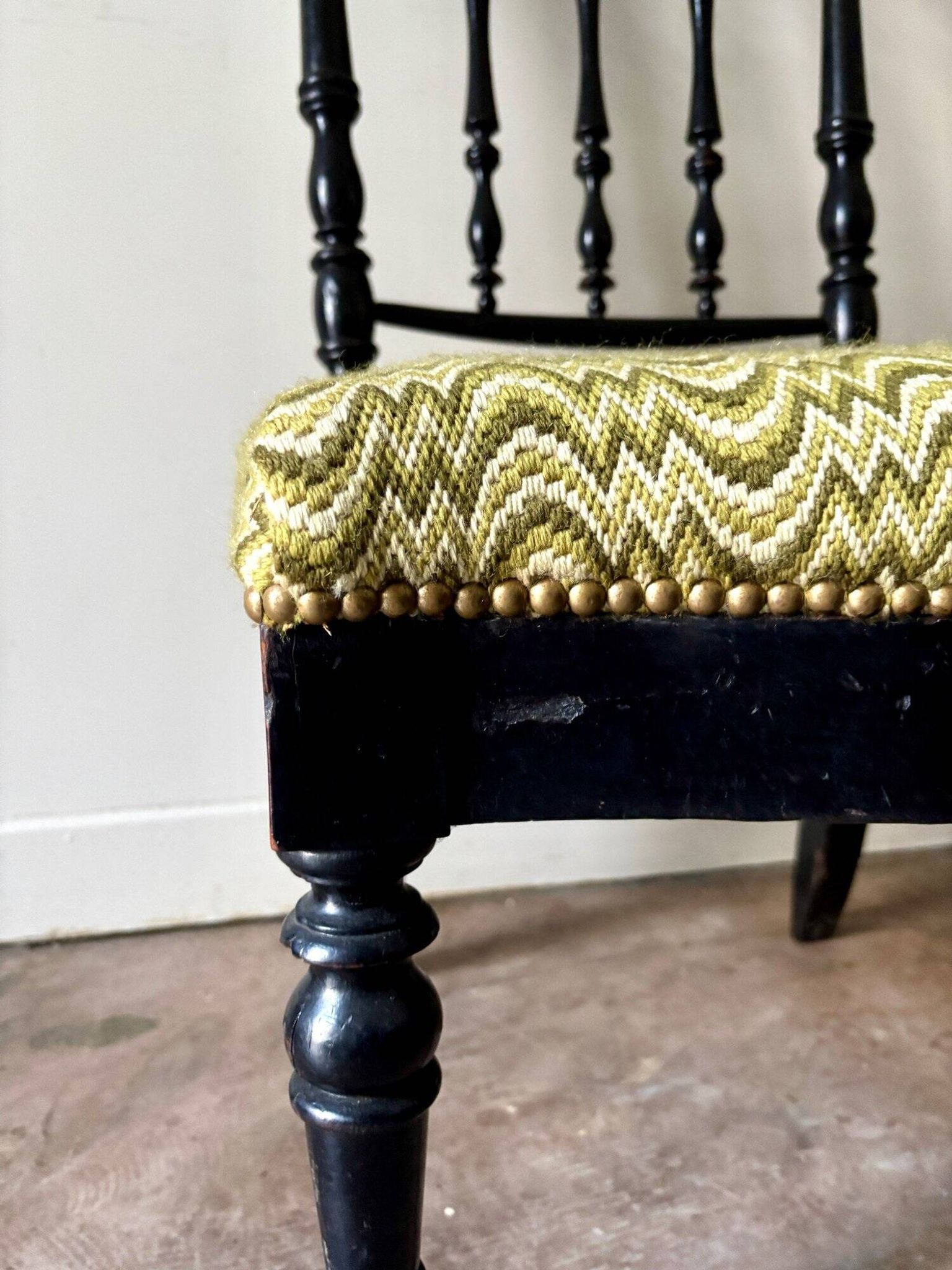 Black turned wood and green wool chair