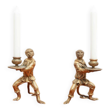 Set of 2x monkey brass candle holders in Singerie style