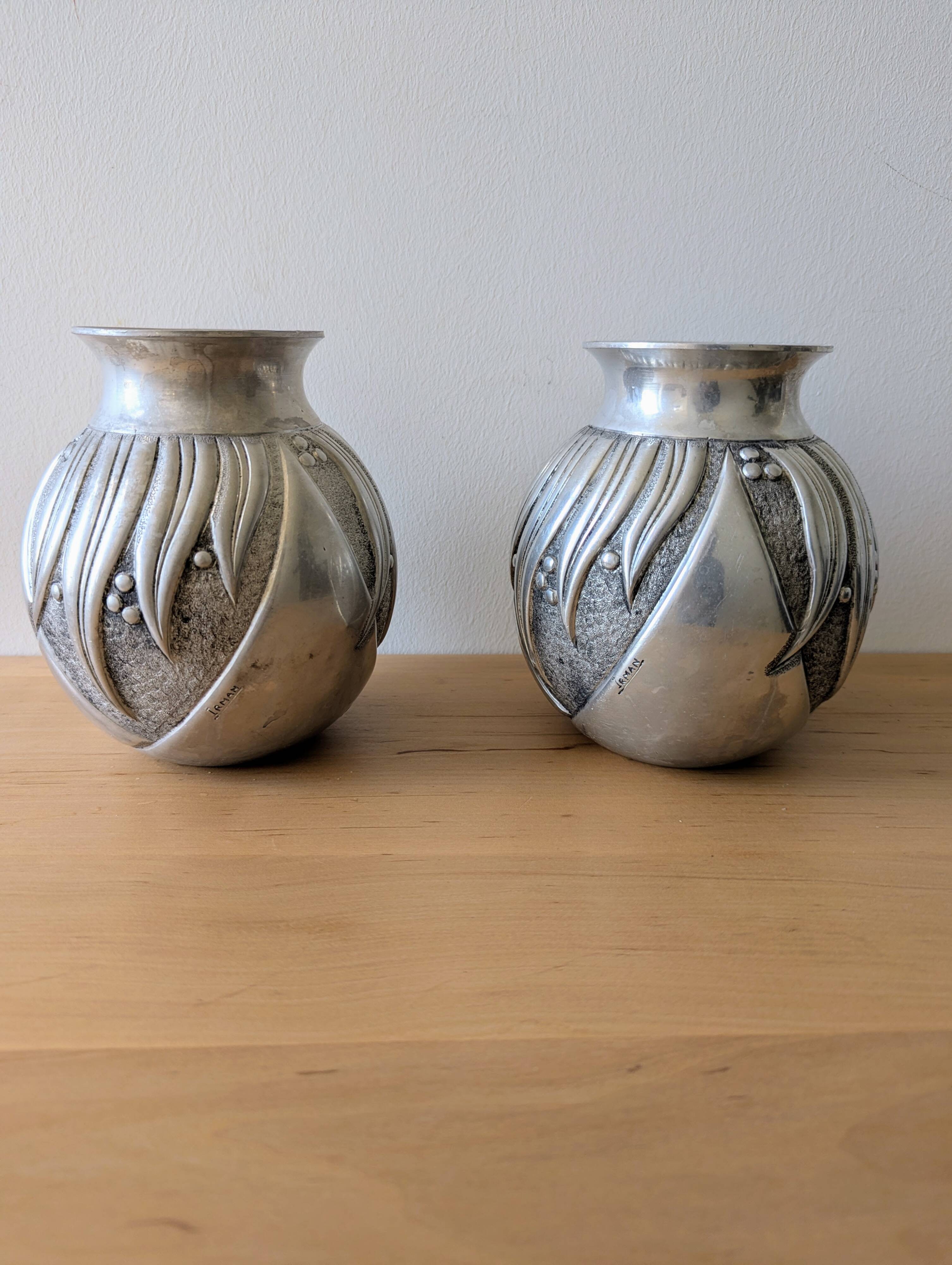 Pair of irman vases in aliometal, french design, 1950