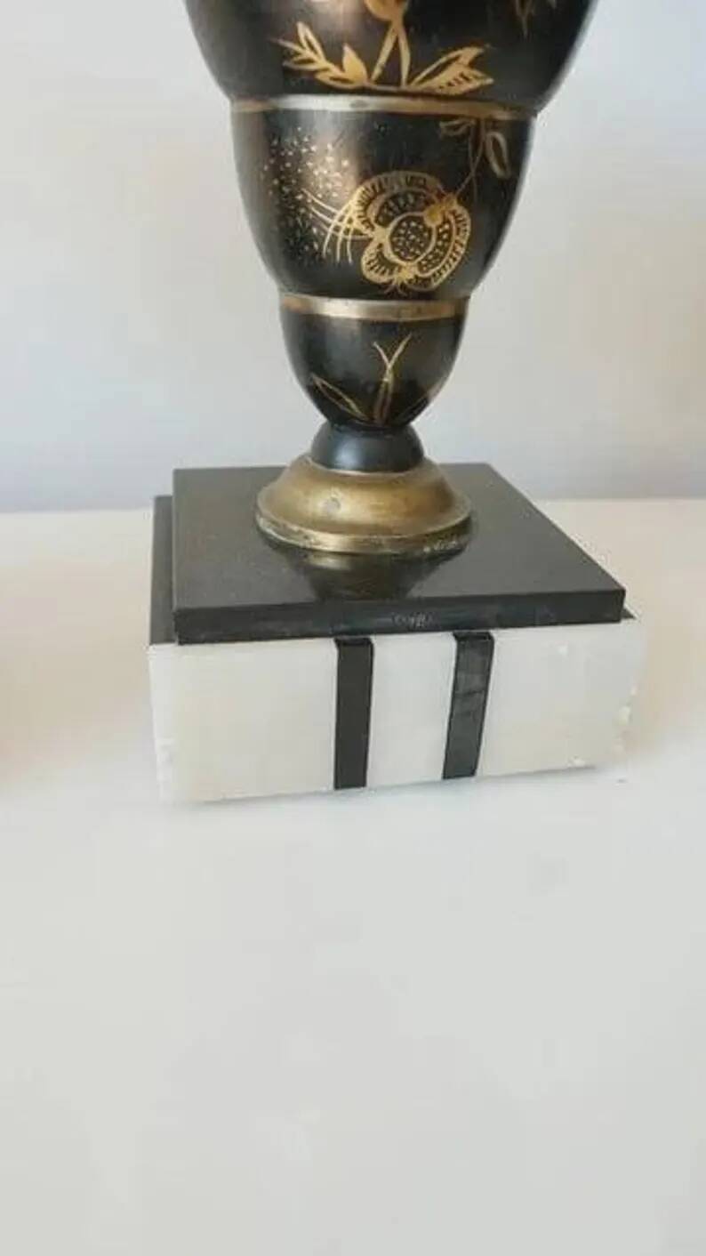 Superb pair of Art Deco enamelled brass cassolettes – black and white marble base – 1930s