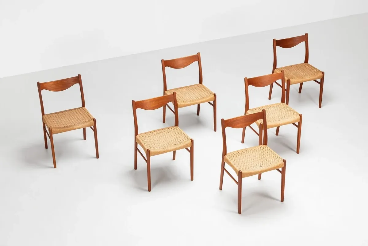 Arne Wahl Iversen set of six teak dining chairs Glyngore Denmark 1960