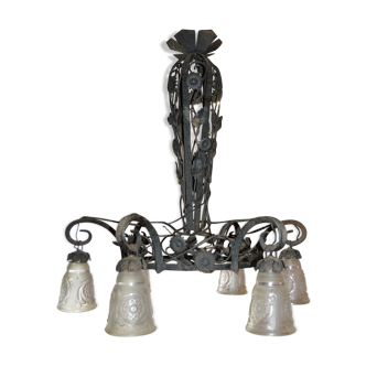 Wrought iron chandelier art deco style with floral décor