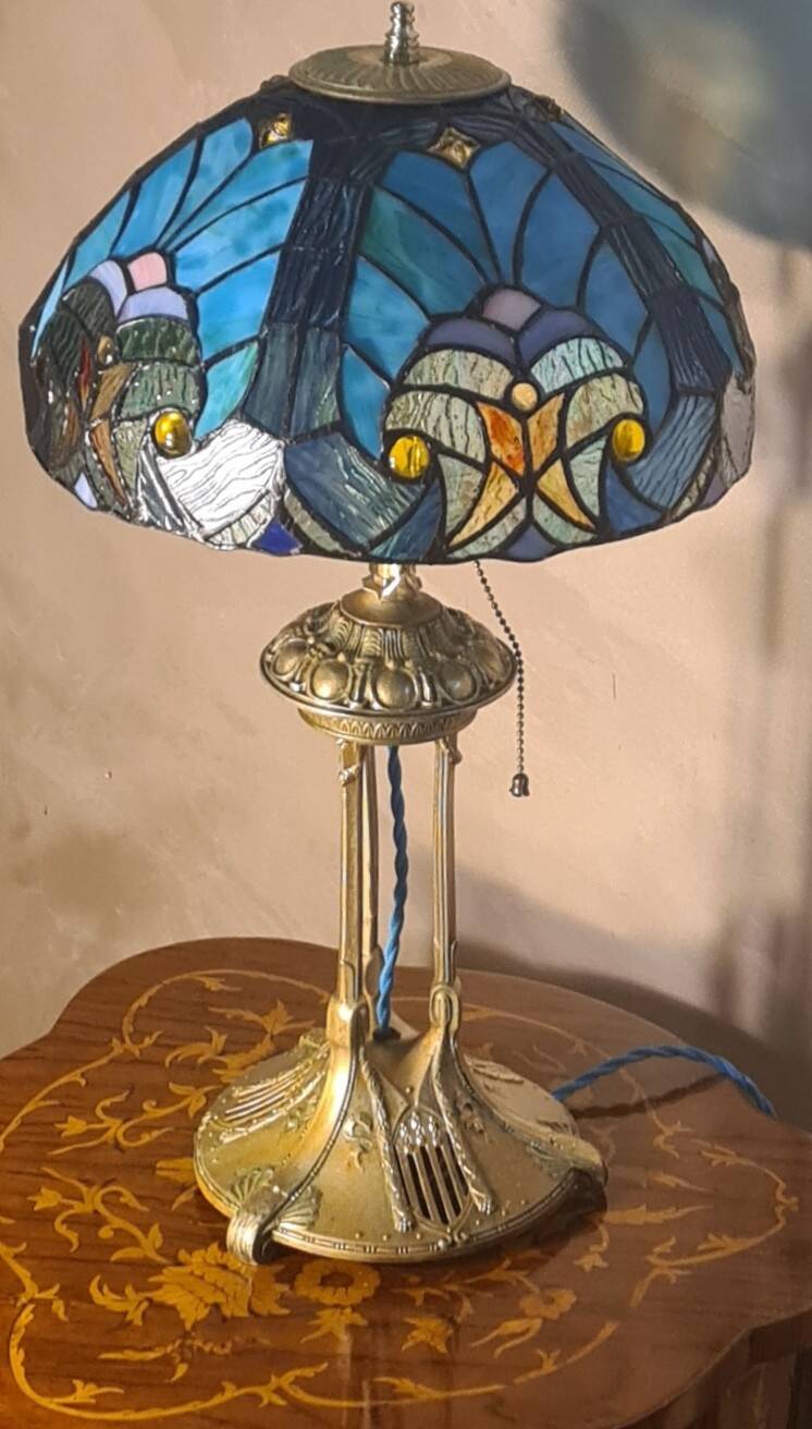 Antique lamp, patinated bronze, art nouveau, stained glass lampshade