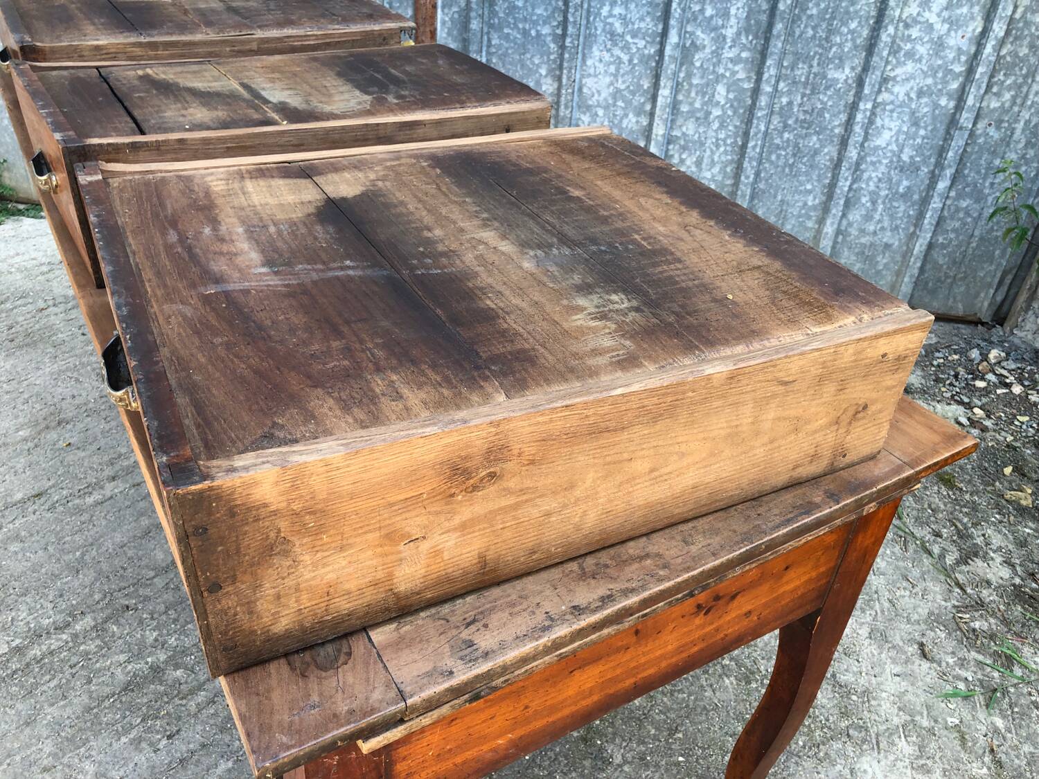 Antique solid cherry farmhouse table with 3 drawers and 2 pulls