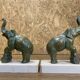 Pair of art deco bookends with elephant decoration in regulated and travertine, vintage