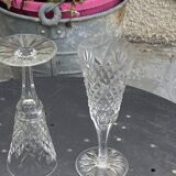 6 champagne flutes in glass and transparent crystal, antique chiseled