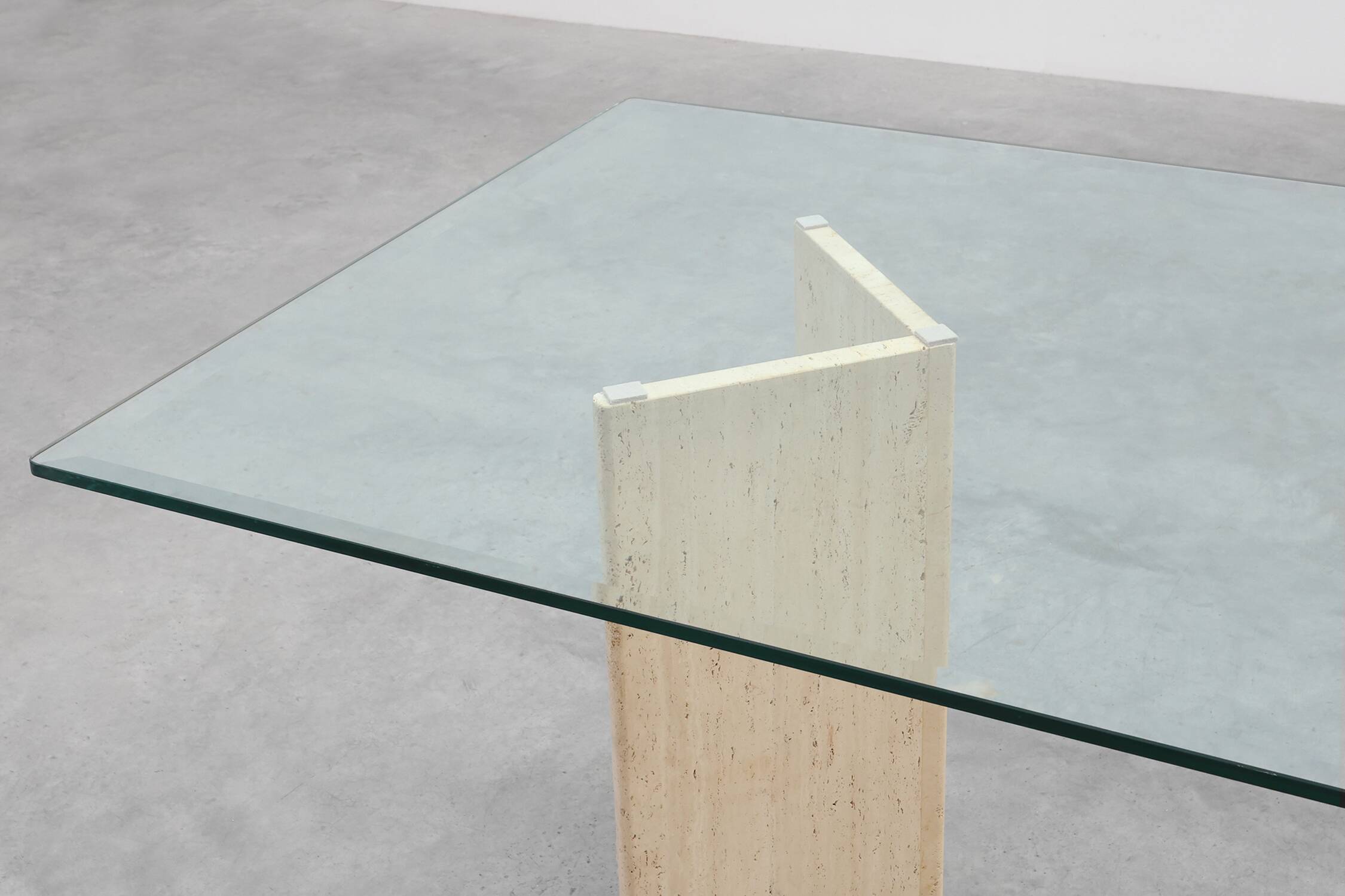 Mid‑Century Italian Dining Table with Glass Top and Travertine Base, 1970s