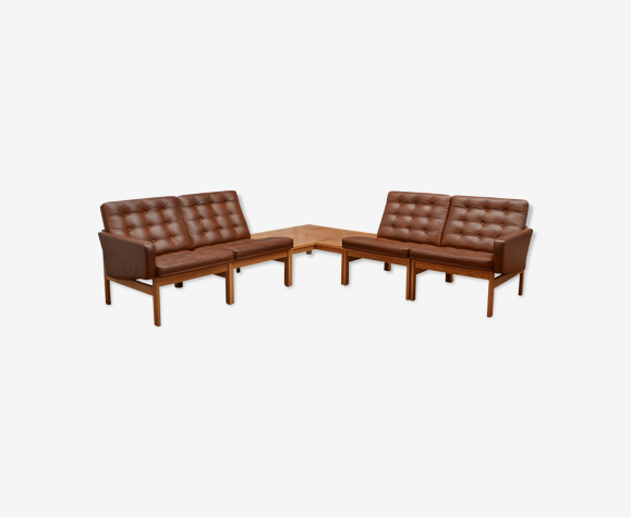 5 canapés modulaires en cuir et chêne, design danois vintage Ole Gjerlov Knudsen & Torben Lind