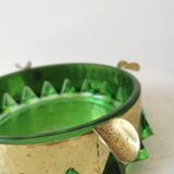 Cendrier en cristal vert et or vintage / Cendrier rond en verre de style mid-century modern