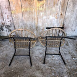 Paire de fauteuil enfant coque rotin & pied metal noir vintage