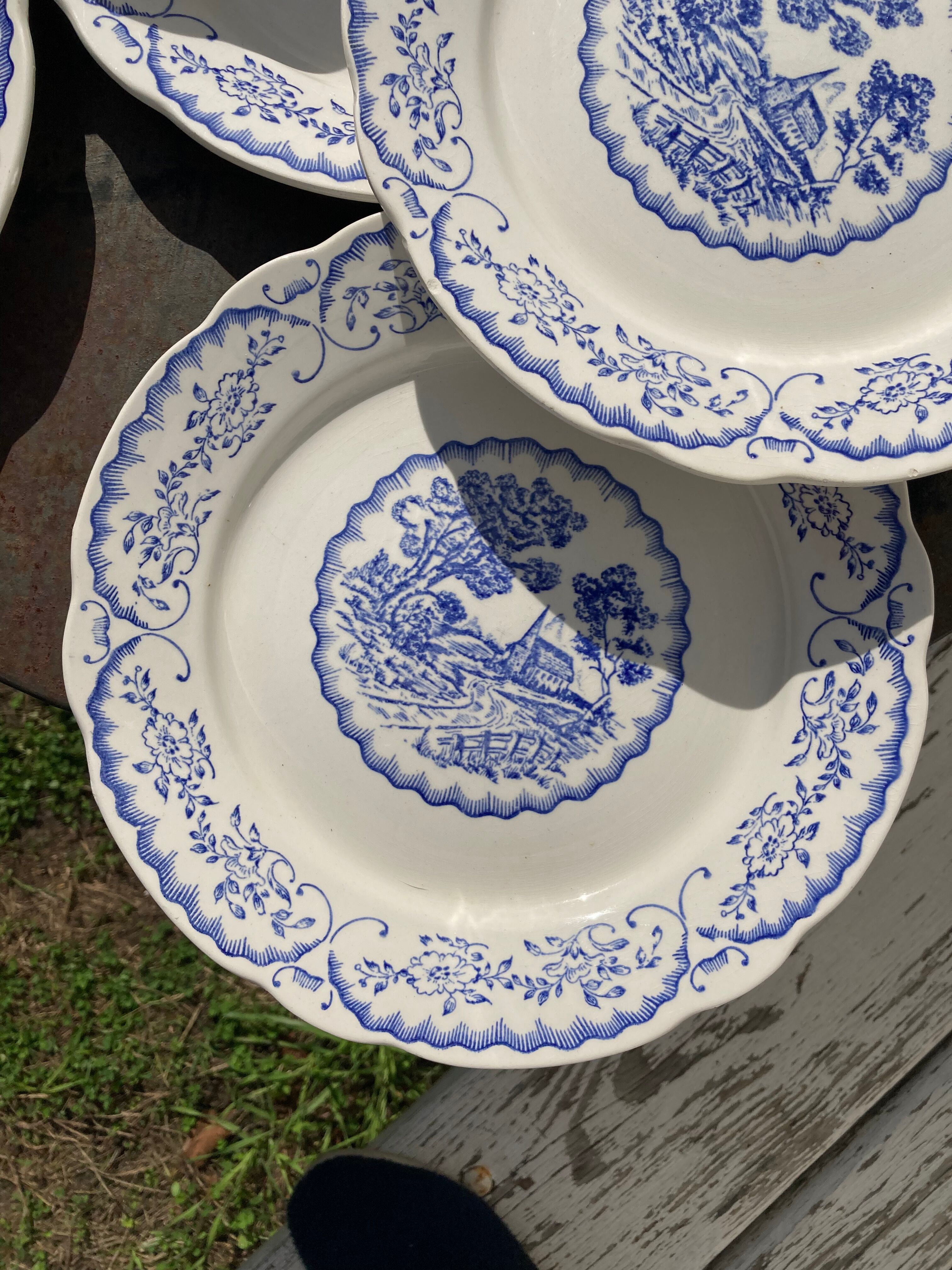 8 flat plates Digoin Sarreguemines blue and white vintage with countryside village décor