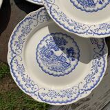 8 flat plates Digoin Sarreguemines blue and white vintage with countryside village décor