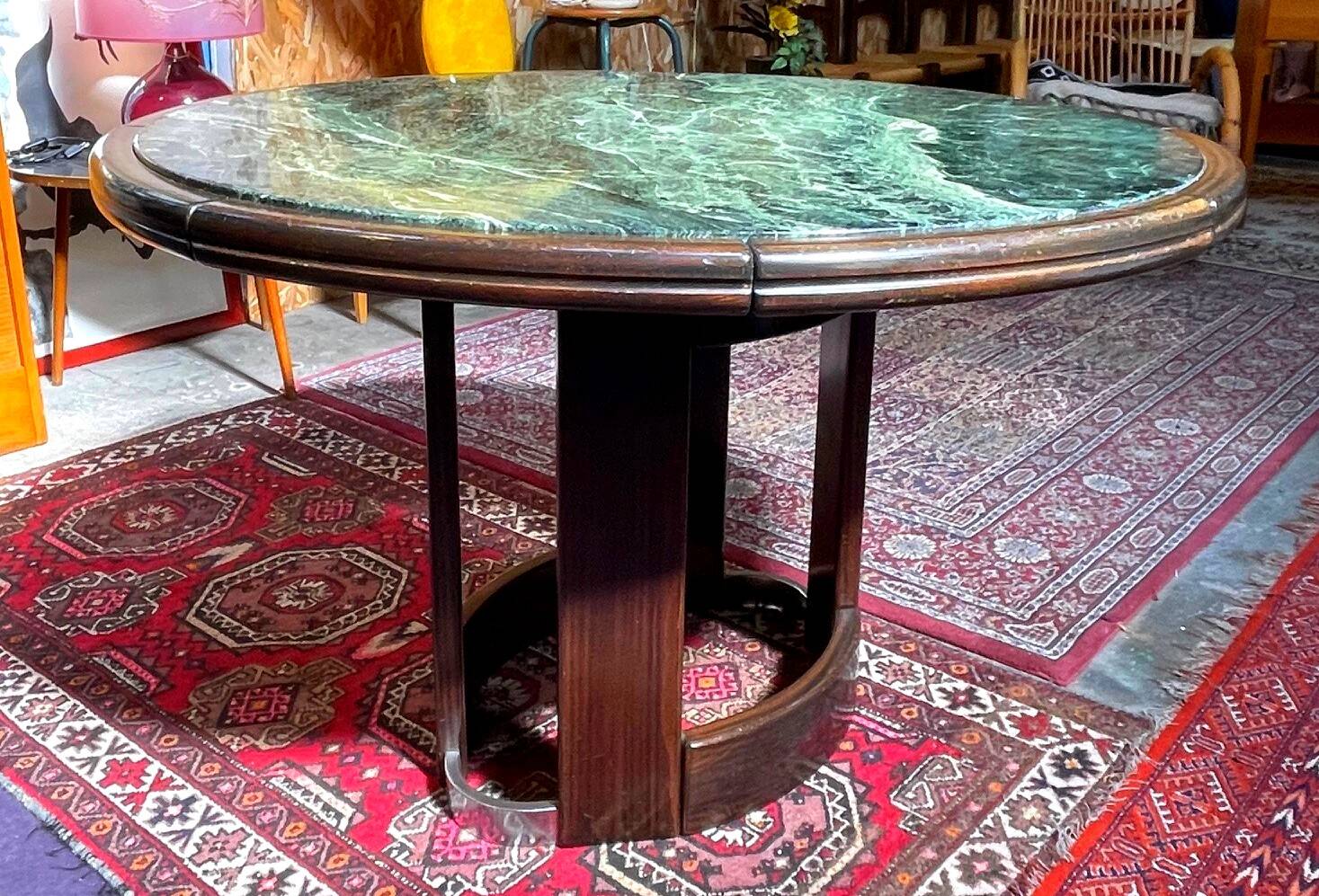 Vintage green sea marble and rosewood table from the 1970s.