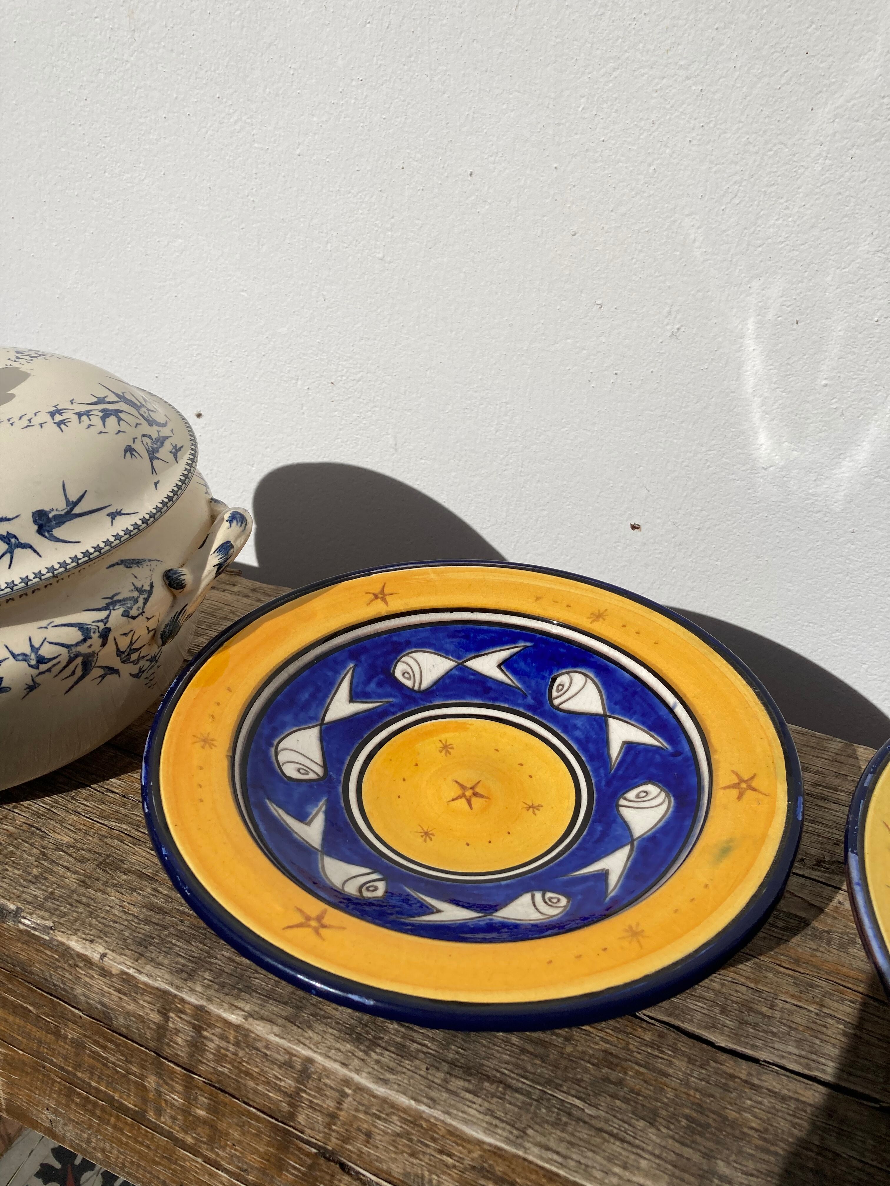 Pair of dishes Safi Dmani ethnic ceramic fish yellow and blue - vintage pottery