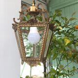 Hanging brass lantern and engraved glass