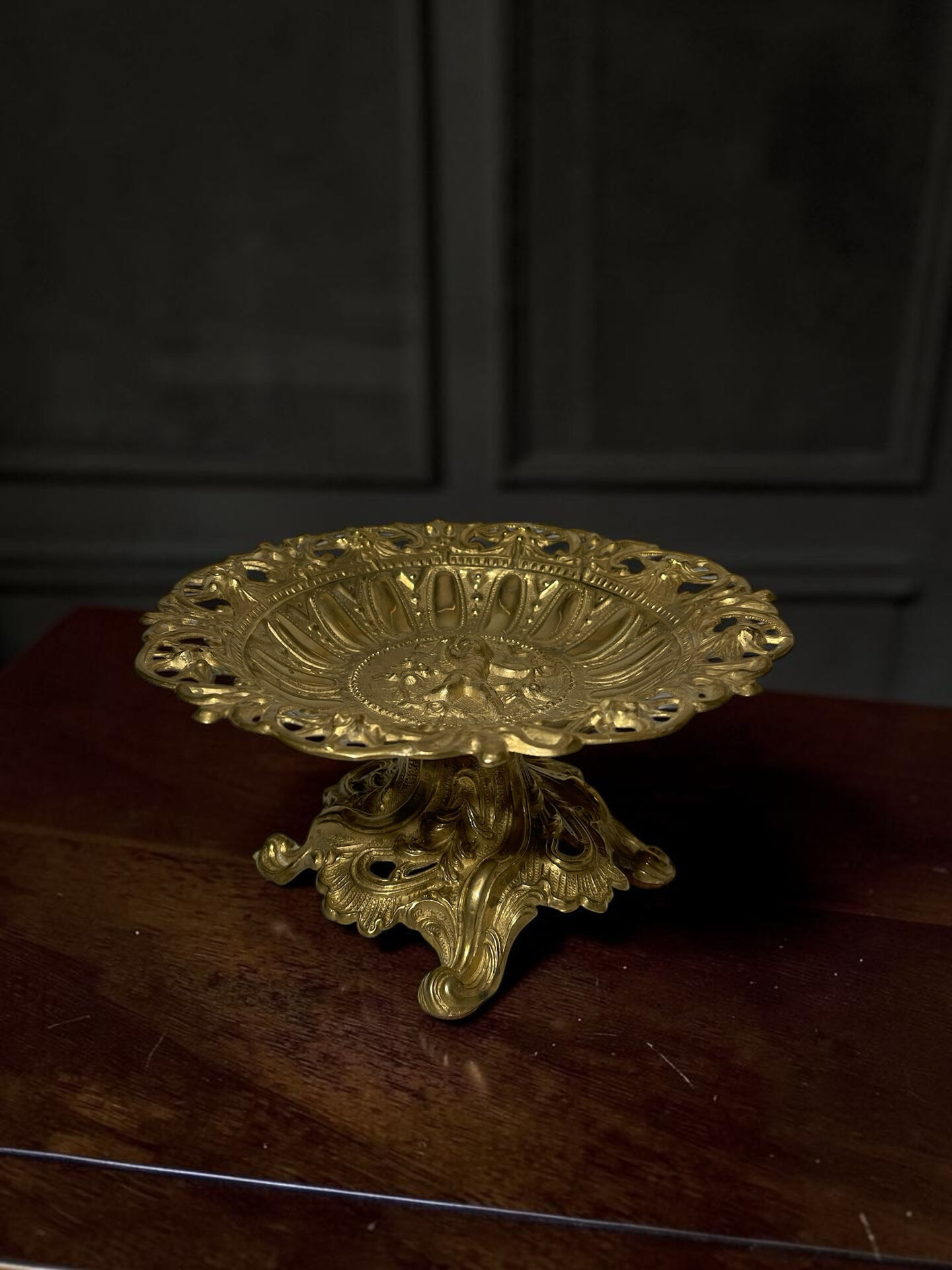 Footed fruit bowl in brass – relief mythological decoration – sty
