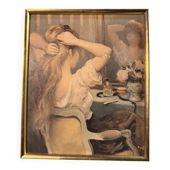 Vintage painting by Marcel Dyf - Young woman at the mirror.