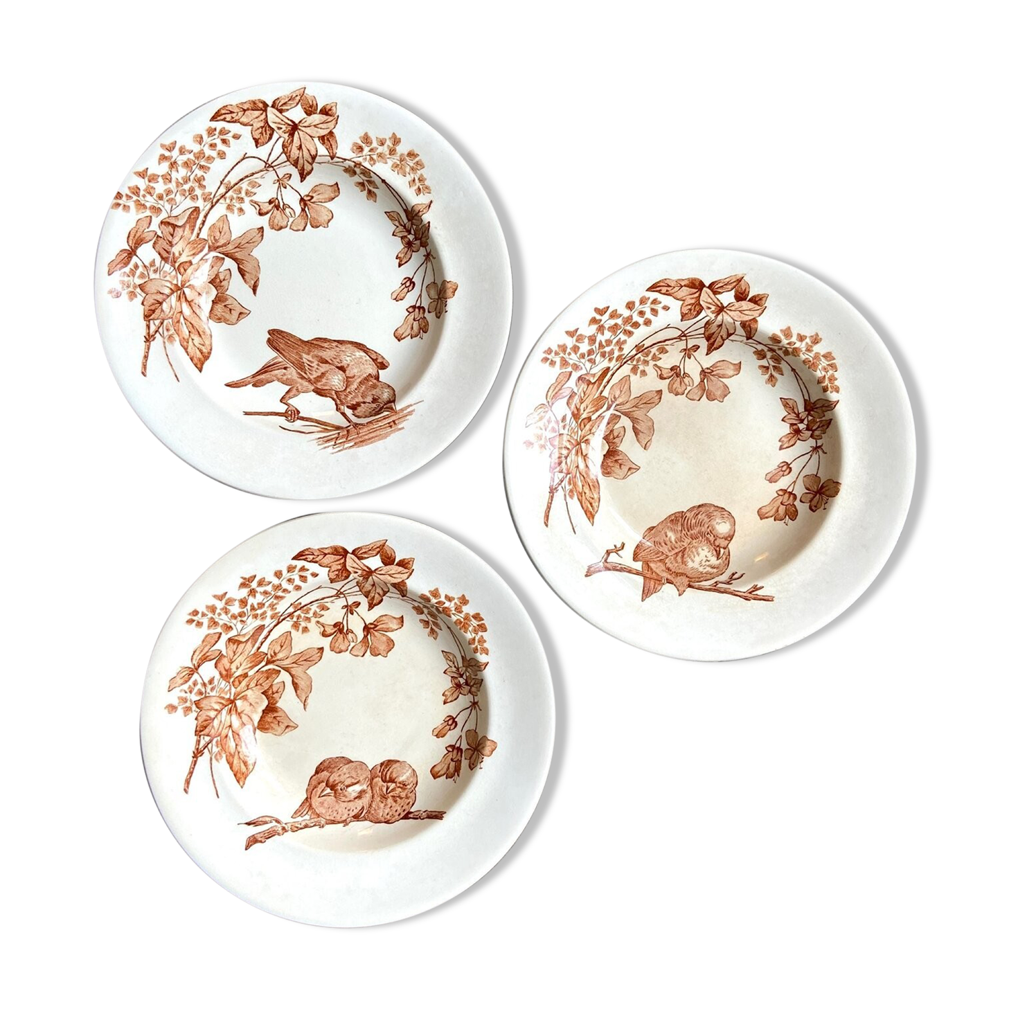 3 Longwy hollow plates in white and brown iron earth