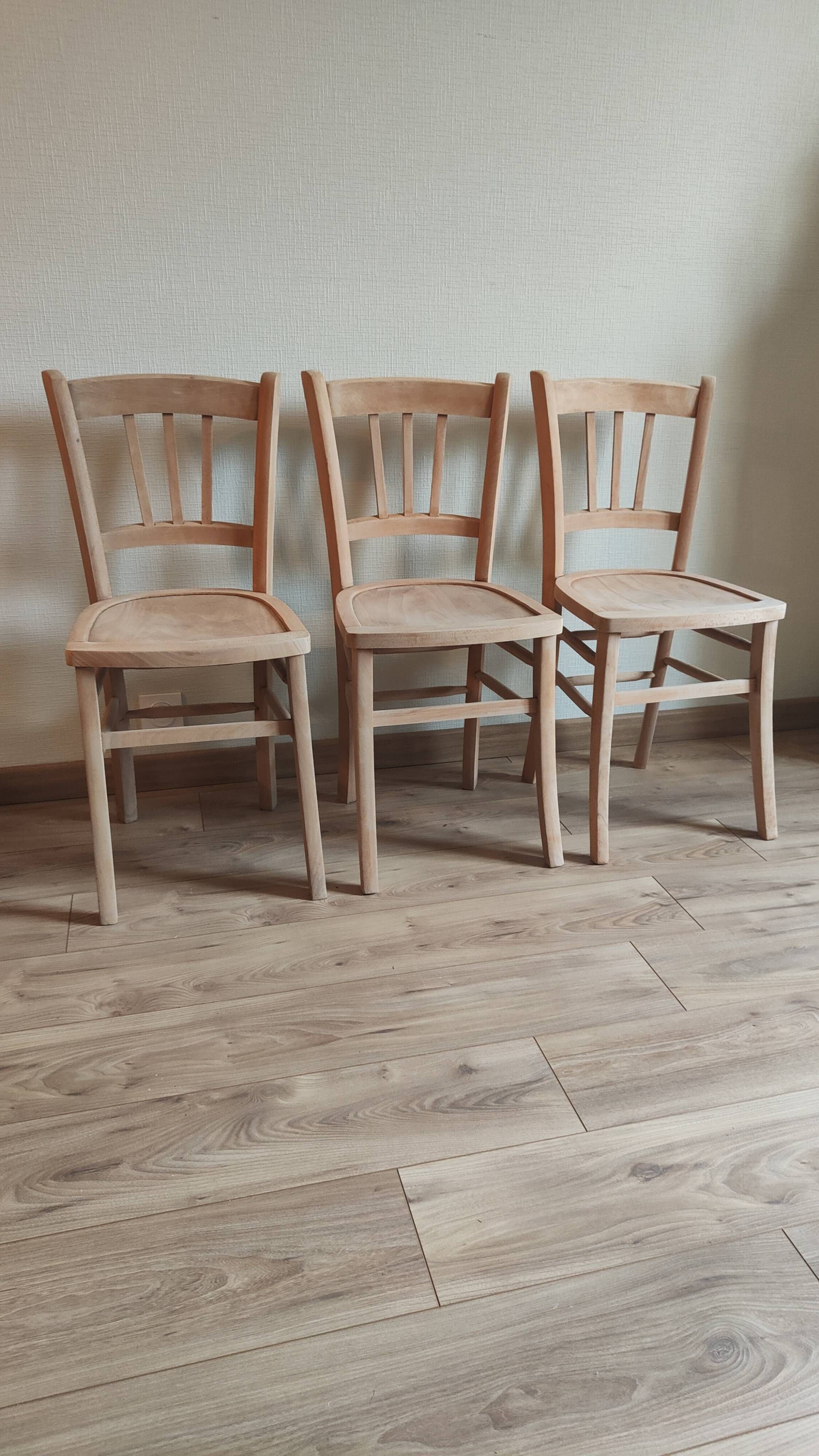 Set of 3 vintage bistro chairs in raw wood (Beech) - Luterma / Ba style