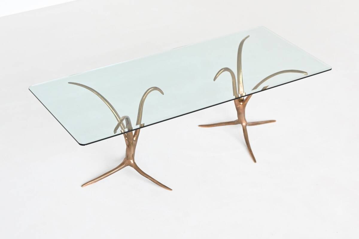 Unique sculptural dining table in bronze and glass, Belgium 1970.