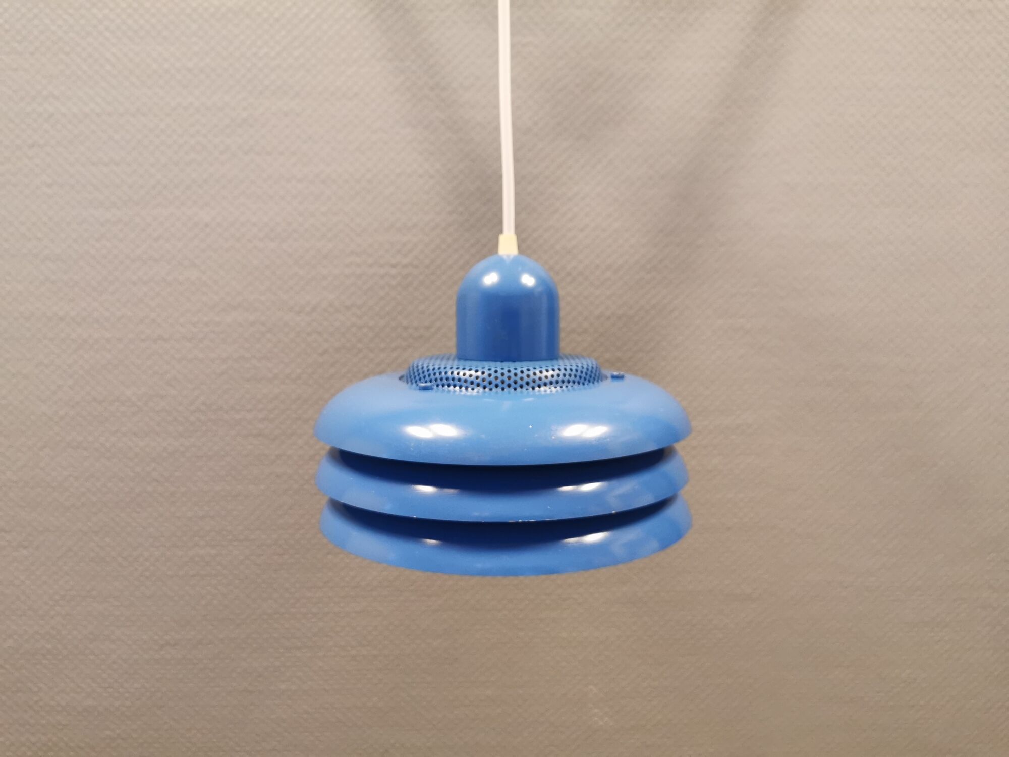 Blue lacquered metal lamp, with several layers of shades, Danish from the 80s.