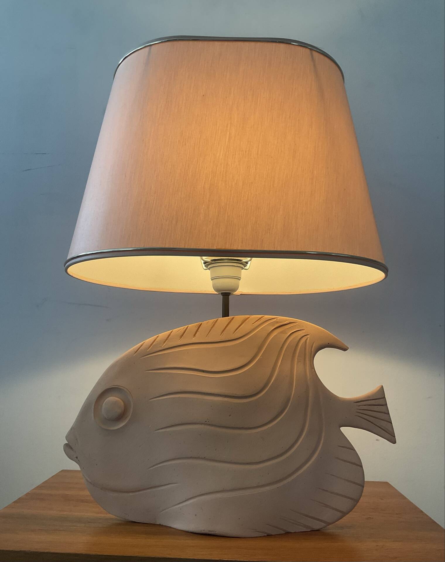 Vintage fish lamp in terracotta signed from the 1970s.
