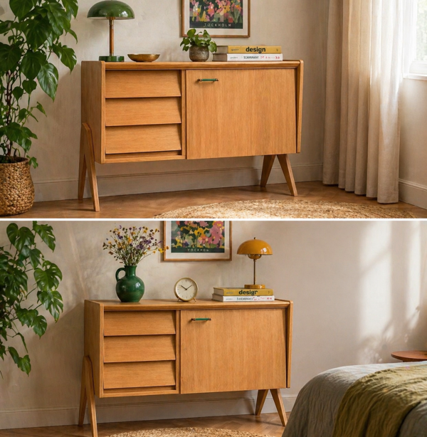 Buffet commode vintage pieds compas chêne clair 1960