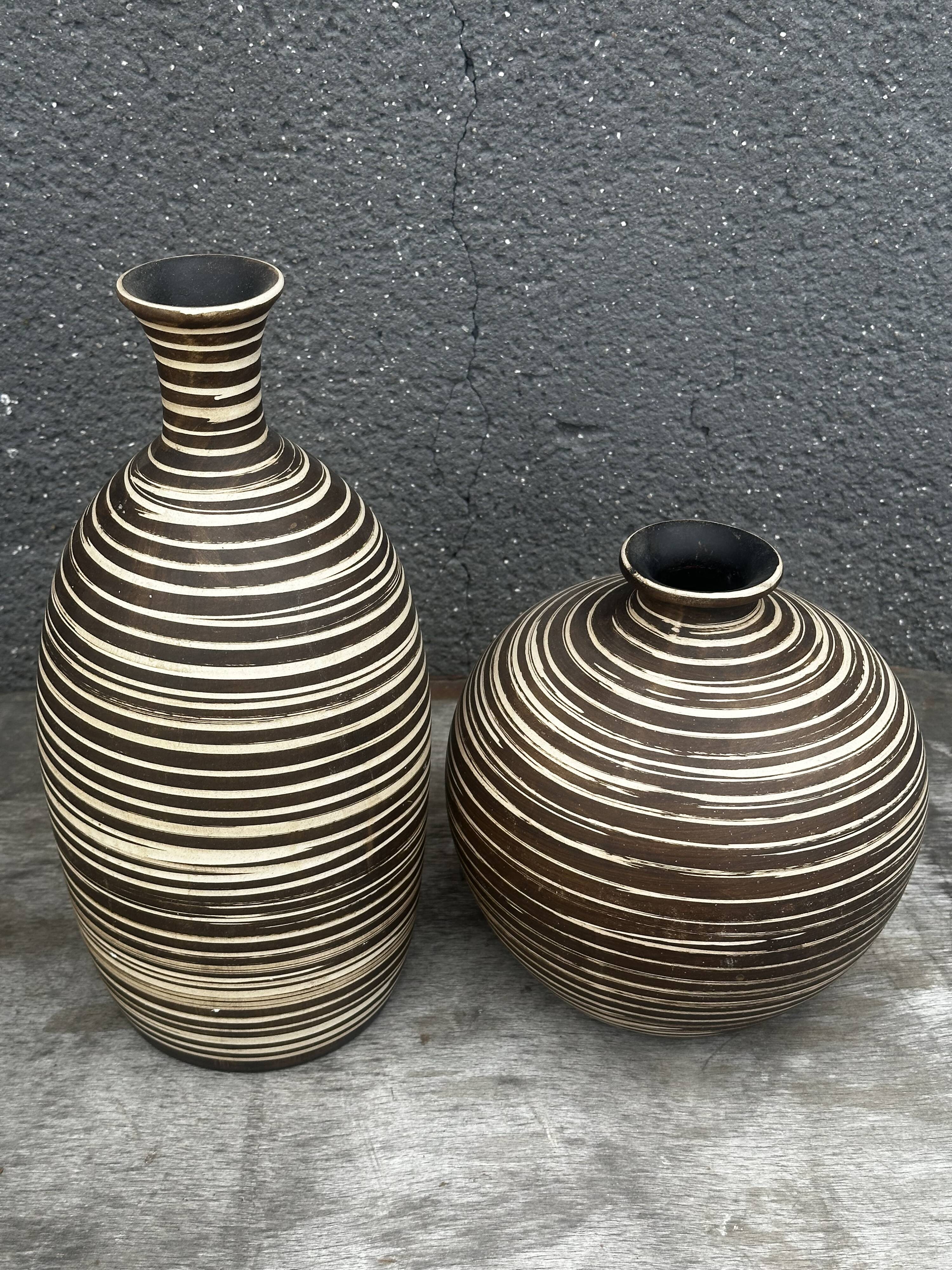 Two Vintage Ethnic Ceramic Vases in Cream and Brown Striped