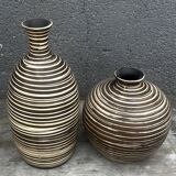Two Vintage Ethnic Ceramic Vases in Cream and Brown Striped