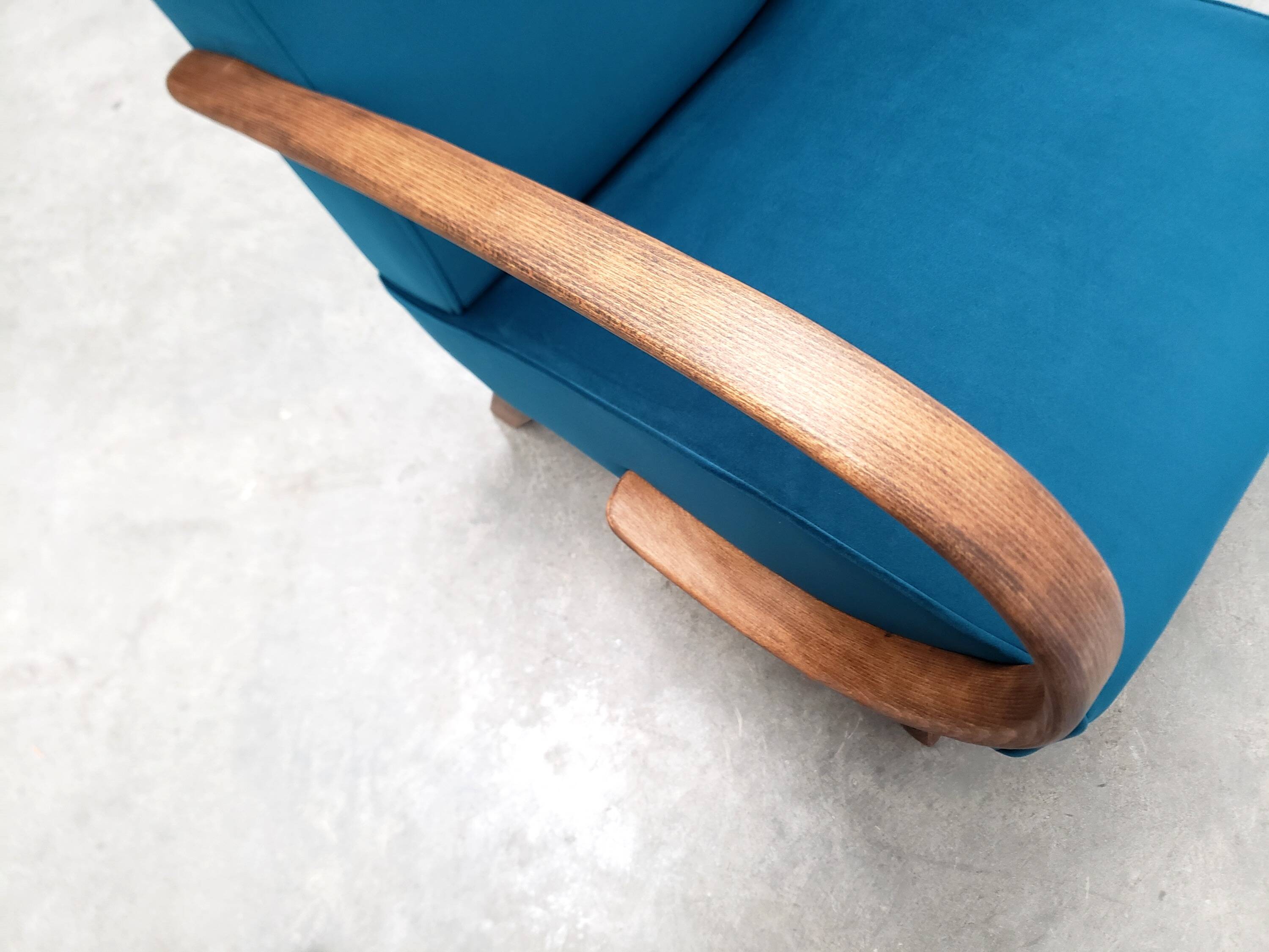 1930 Jindrich Halabala Bentwood Armchair in Teal Velvet