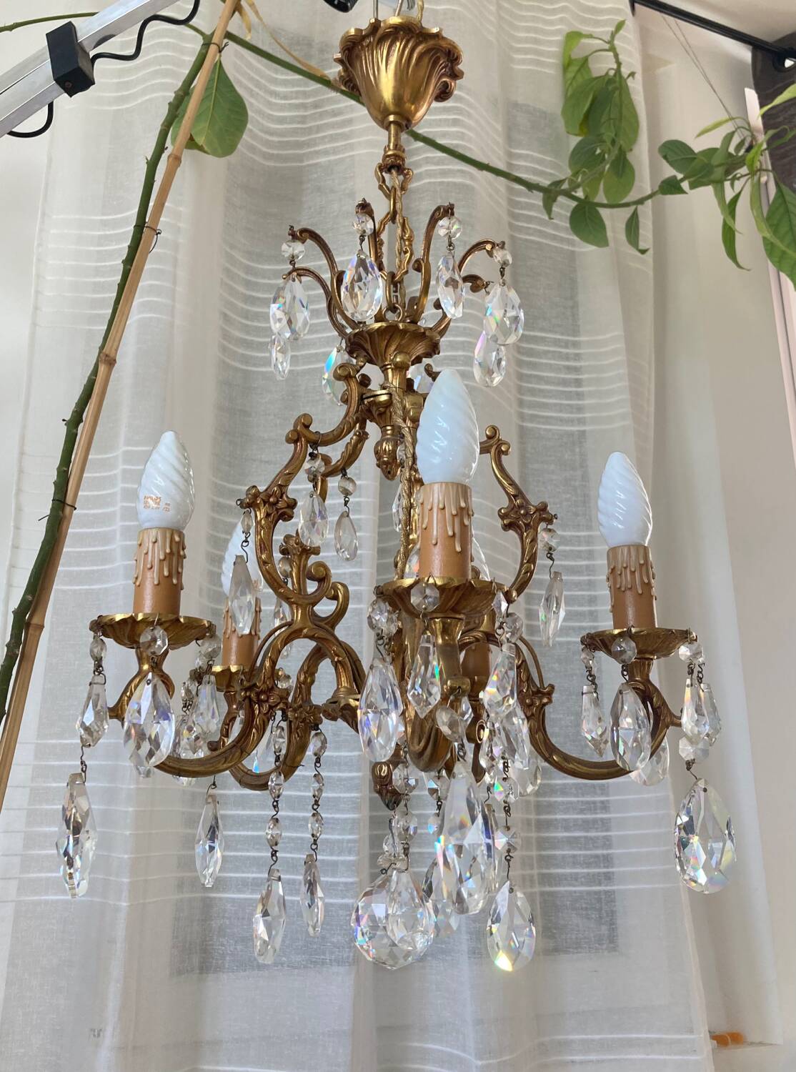 20th century gilded bronze cage chandelier with tassels