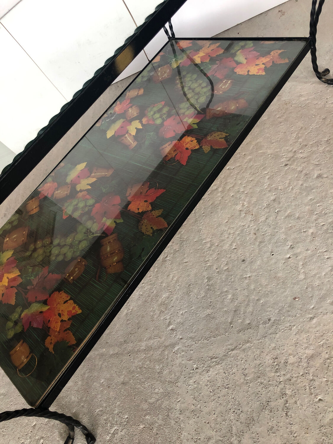 Vintage wrought iron coffee table with mirror and glass top