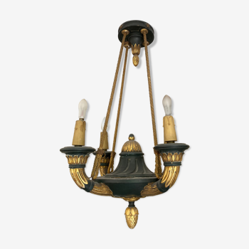 Empire style chandelier with four lights in sheet metal, bronze with patina and gilding