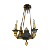 Lustre style empire à quatre lumières en tôle, bronze avec patine et dorure
