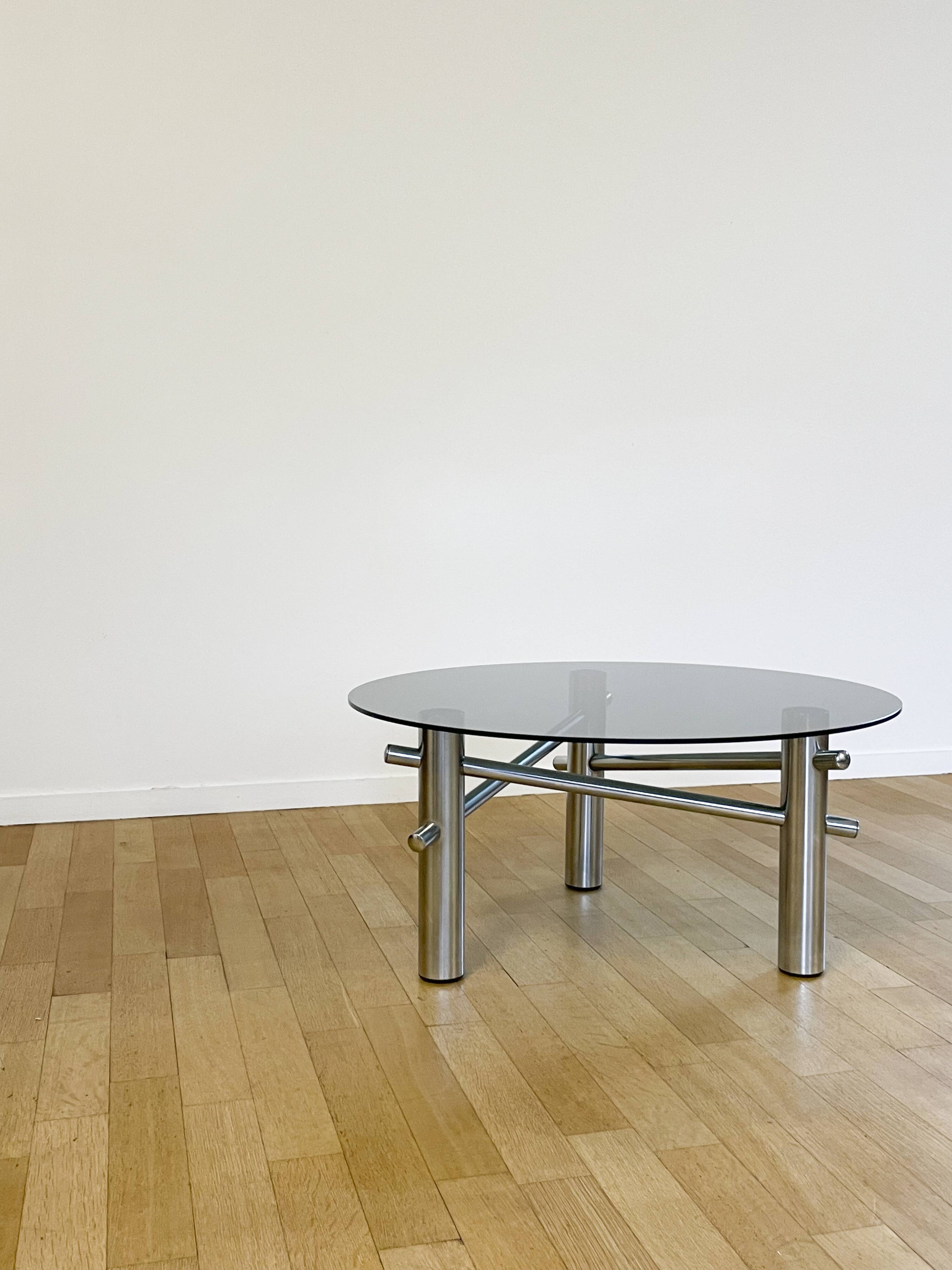 Round coffee table in chrome and smoked glass, 1970s