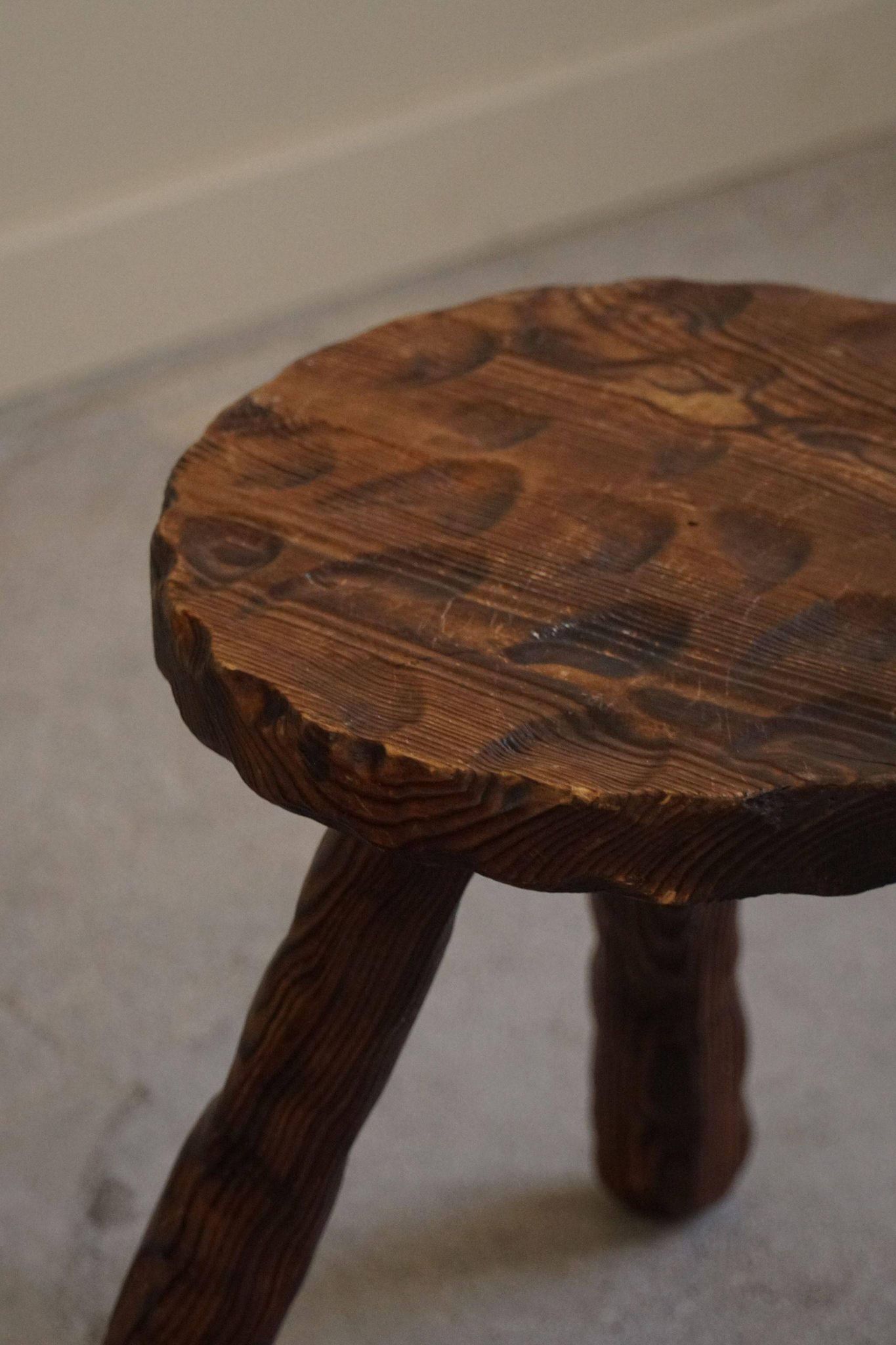 A pair of Wabi Sabi stools carved from pine, mid-century modern Swedish style, 1960s.