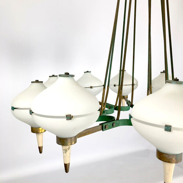 lustre Italien Du milieu Du Siècle En Laiton 10 Bras Et En Verre Opalin