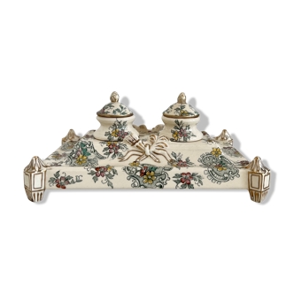 Double desk inkwell in Gien earthenware circa 1930 with polychrome decoration and gilding