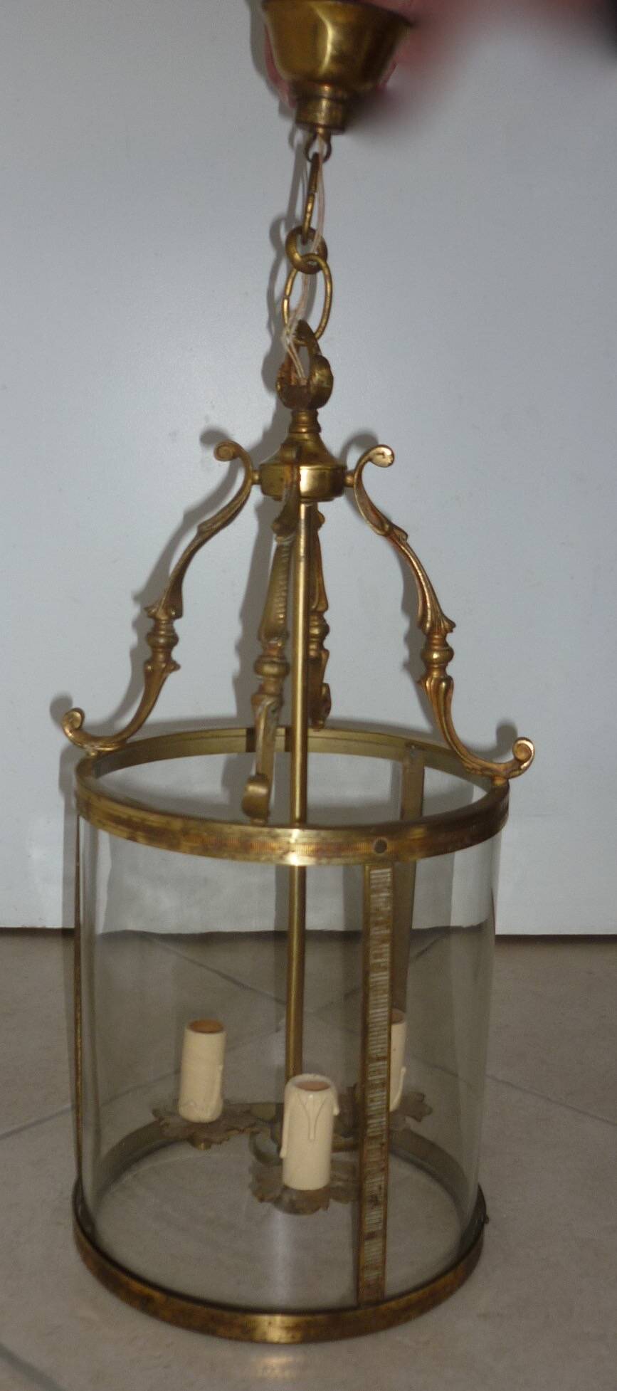 Antique glass and brass lantern pendant light, 3 lights