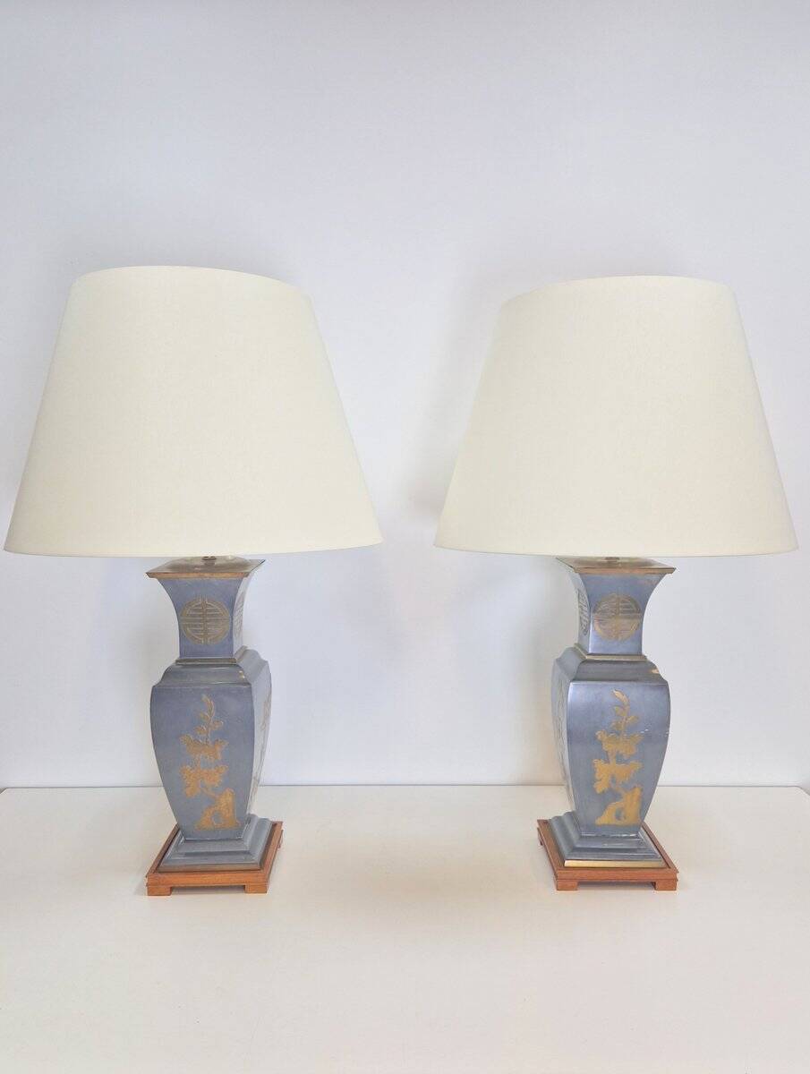 Vintage Asian Table Lamps in Pewter and Brass, 1950s, Set of 2