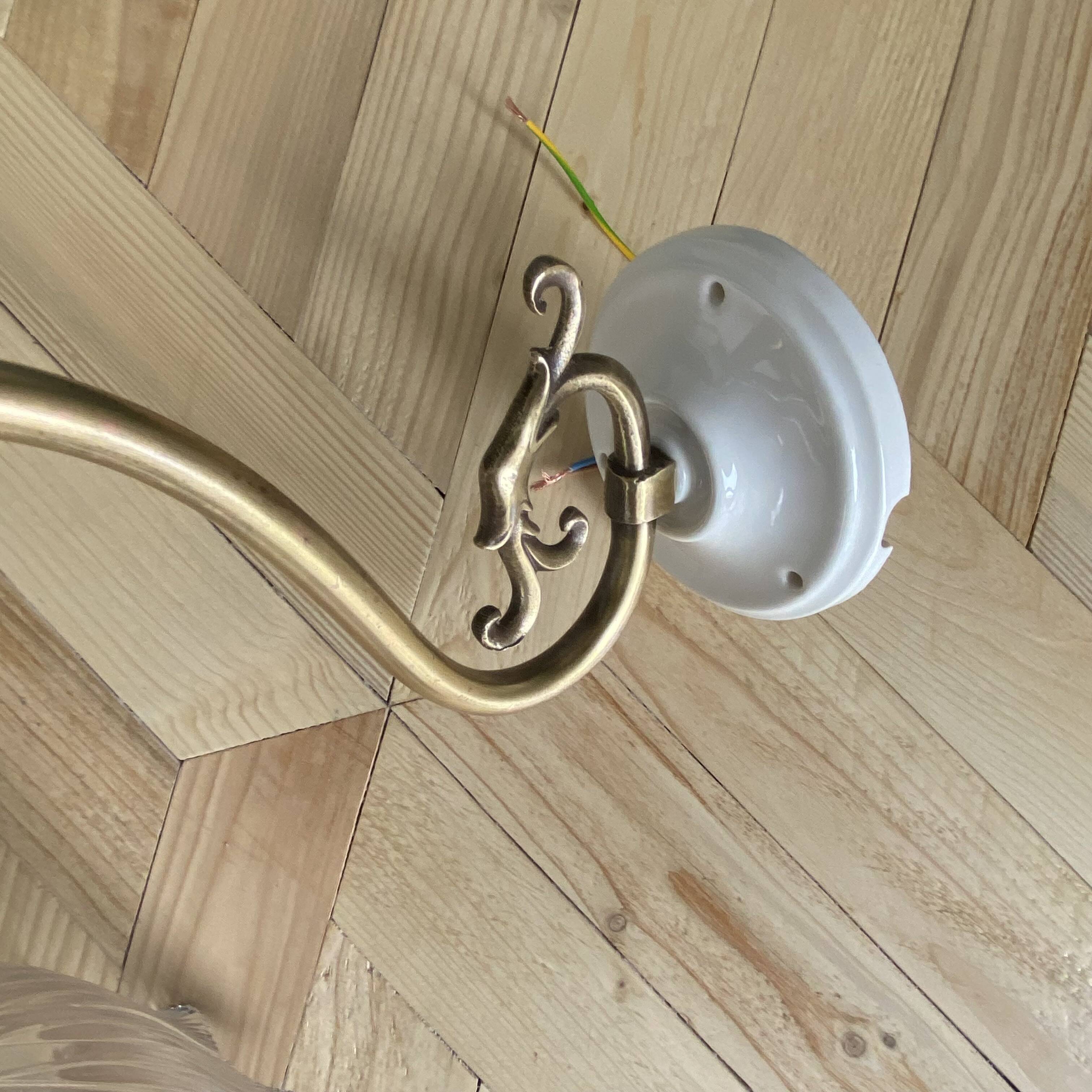 Holophane tulip brass swan neck wall lamp with porcelain rosette