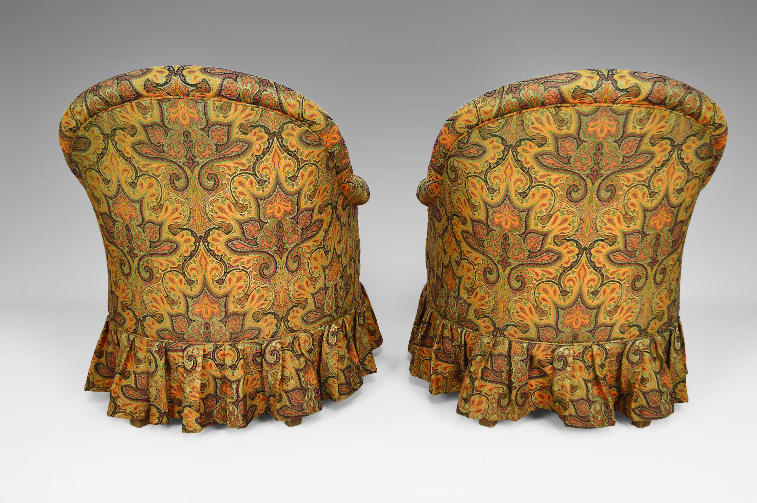 Pair of toad chairs, paisley fabric