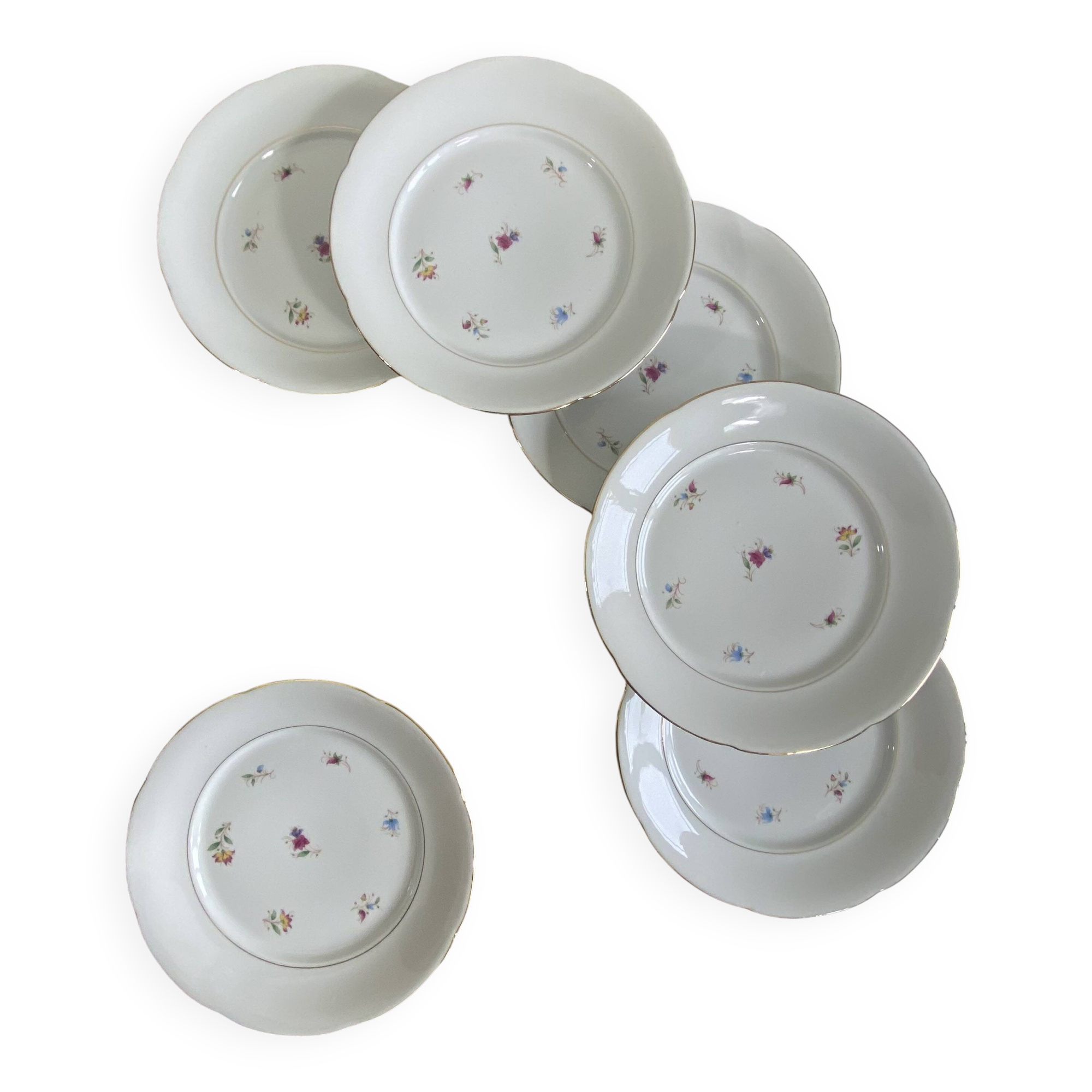 6 flat plates, antique porcelain with flowers and gilding, P L Limoges.