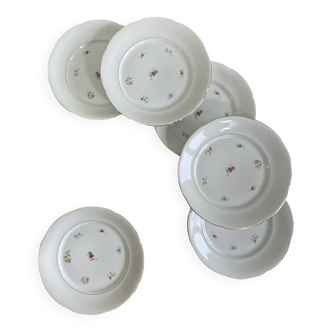 6 flat plates, antique porcelain with flowers and gilding, P L Limoges.