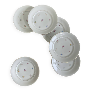 6 flat plates, antique porcelain with flowers and gilding, P L Limoges.
