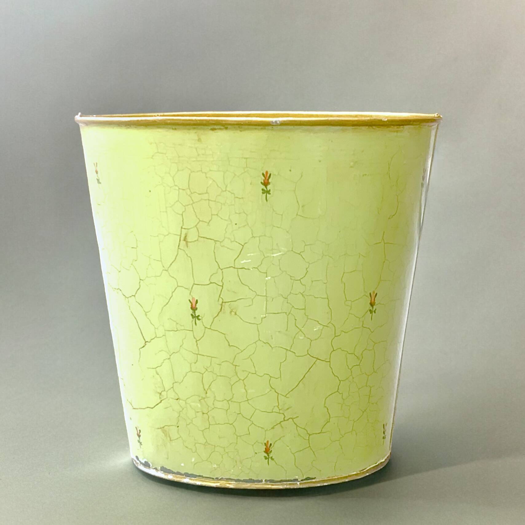 Vintage enameled sheet metal wastebasket - floral decor